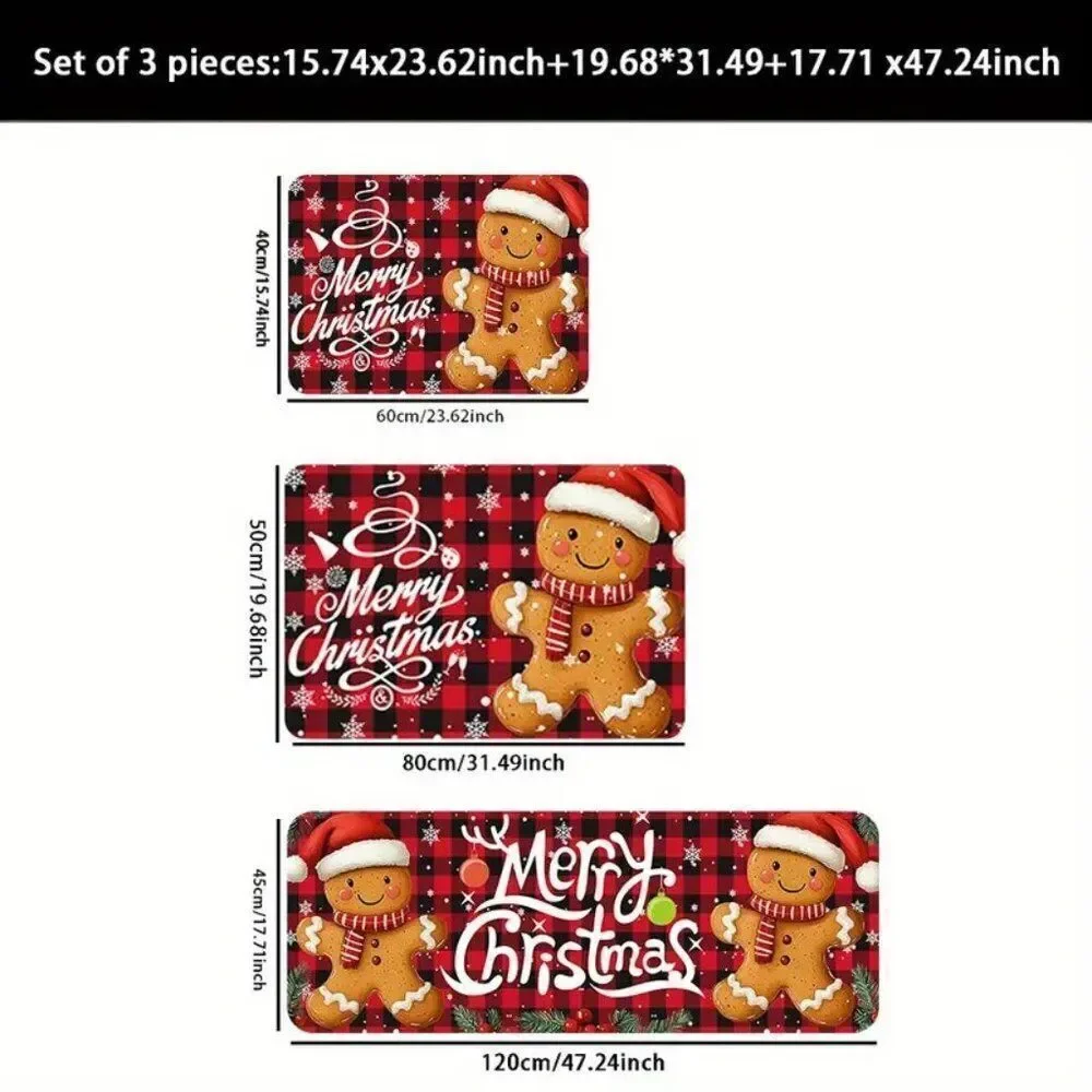 Set of 3 Festive Christmas Holiday Gingerbread Man Pattern Kitchen Mat Decor